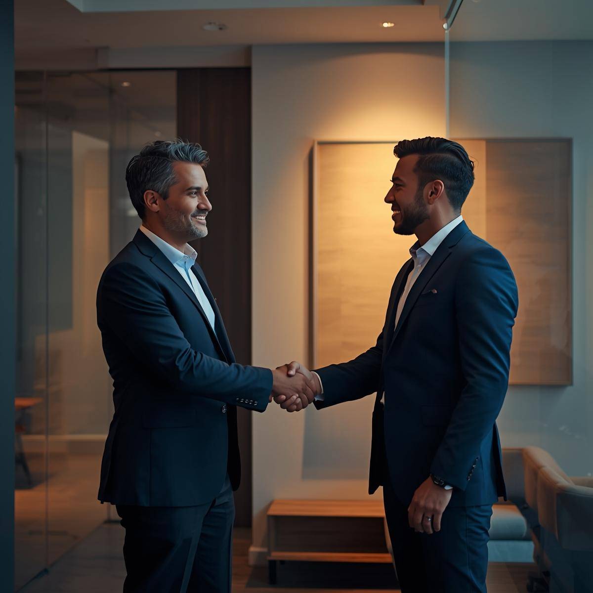 Professional mortgage broker shaking hands with a support consultant in a modern office, Professional mortgage broker shaking hands with a support consultant in a modern office,