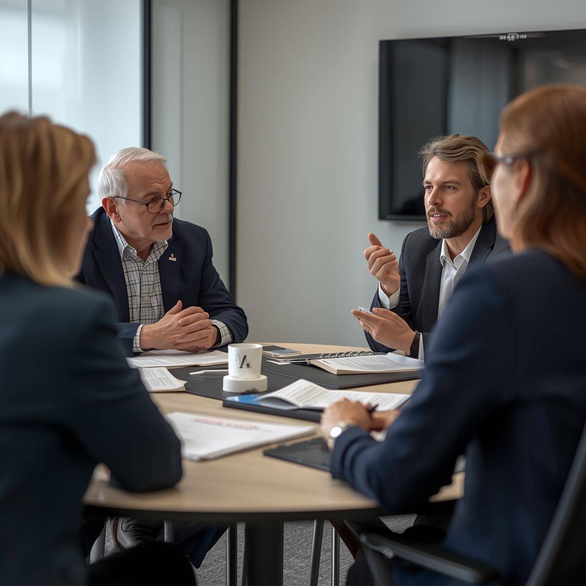 Senior mortgage professionals in a focused strategy discussion, small boardroom or virtual consultation setting Senior mortgage professionals in a focused strategy discussion, small boardroom or virtual consultation setting