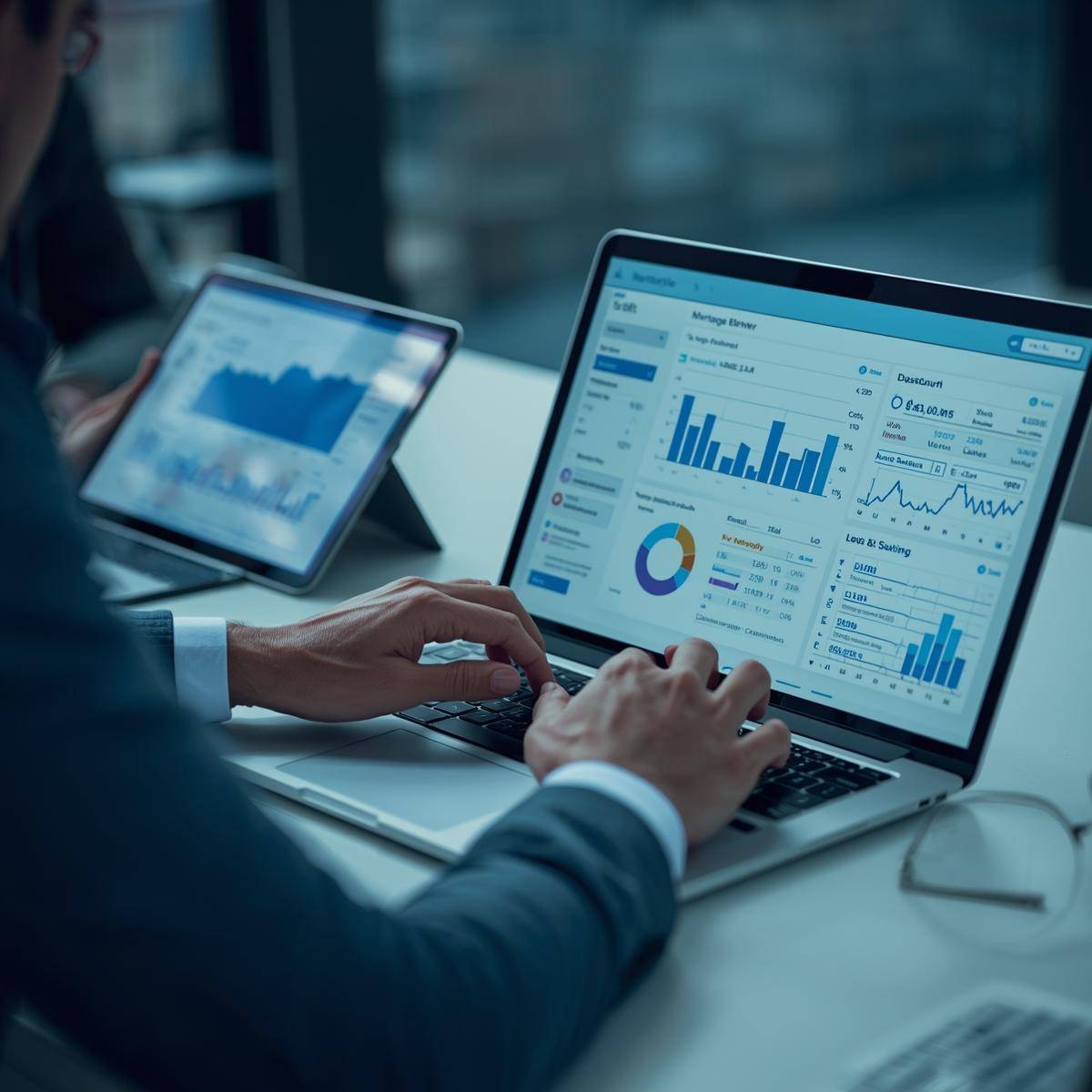 Mortgage broker working efficiently with multiple digital tools on a laptop and tablet, Mortgage broker working efficiently with multiple digital tools on a laptop and tablet,