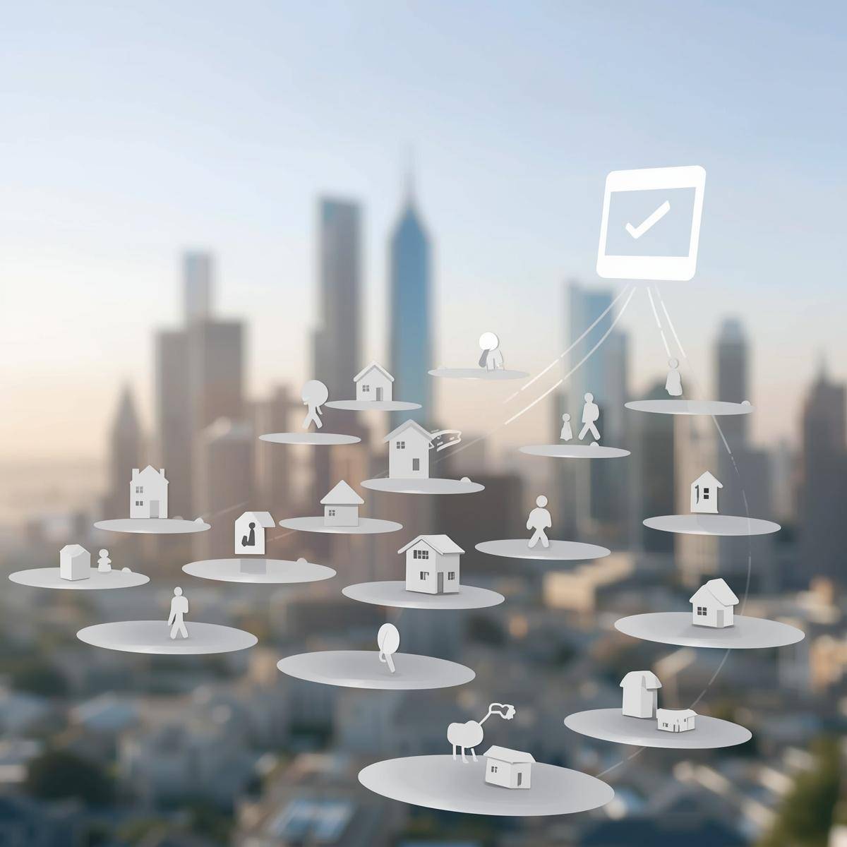 Abstract representation of strong inbound mortgage demand, multiple home buyers and property icons flowing toward a single professional brand hub, upward growth motion, Abstract representation of strong inbound mortgage demand, multiple home buyers and property icons flowing toward a single professional brand hub, upward growth motion,