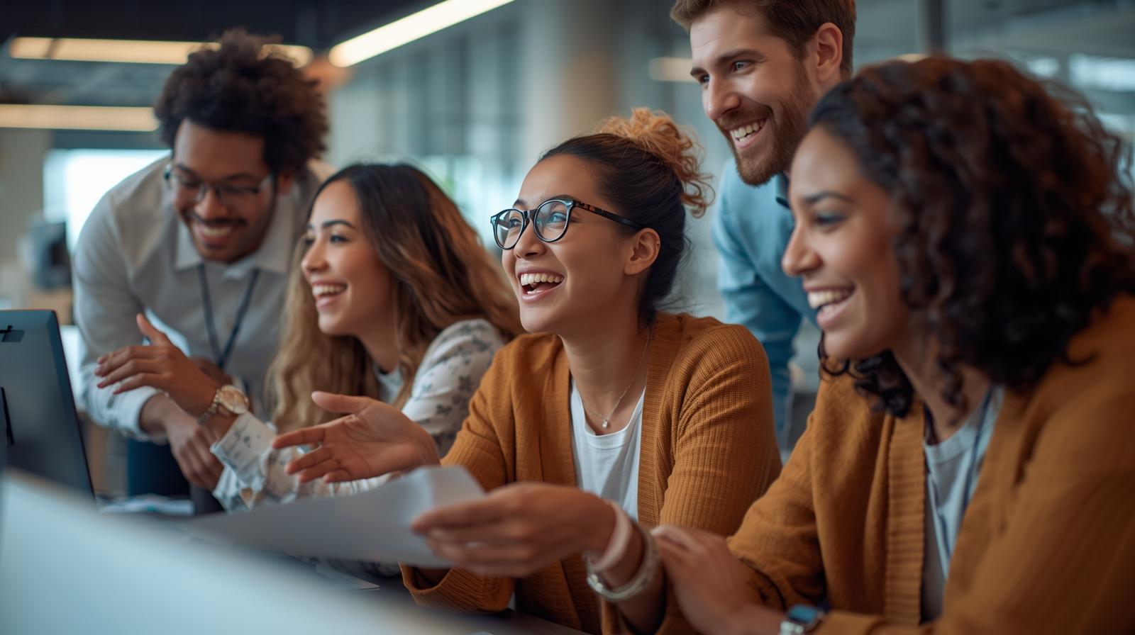 Smiling customer service team collaborate togethe