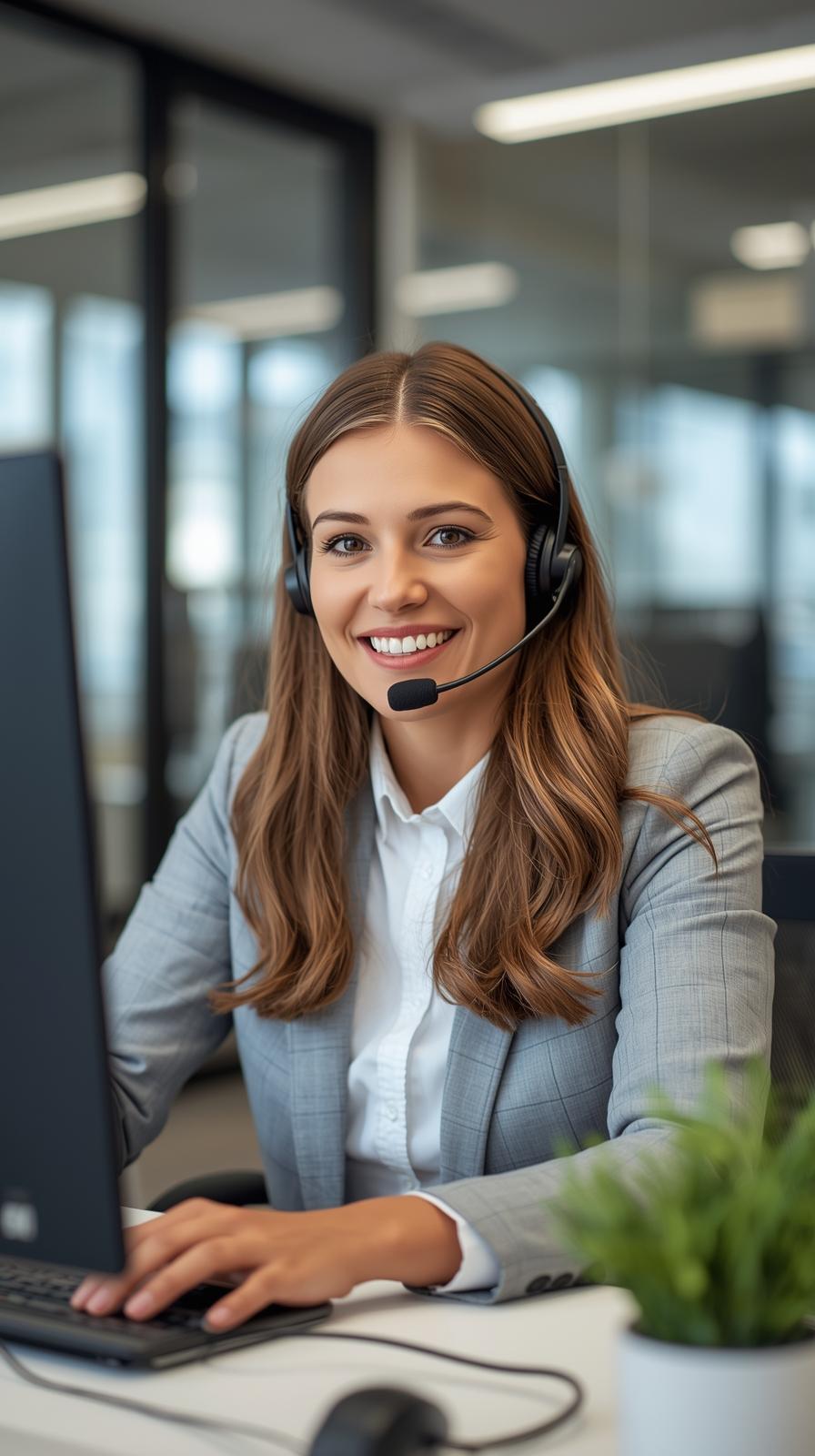 a Smiling customer service team member on call