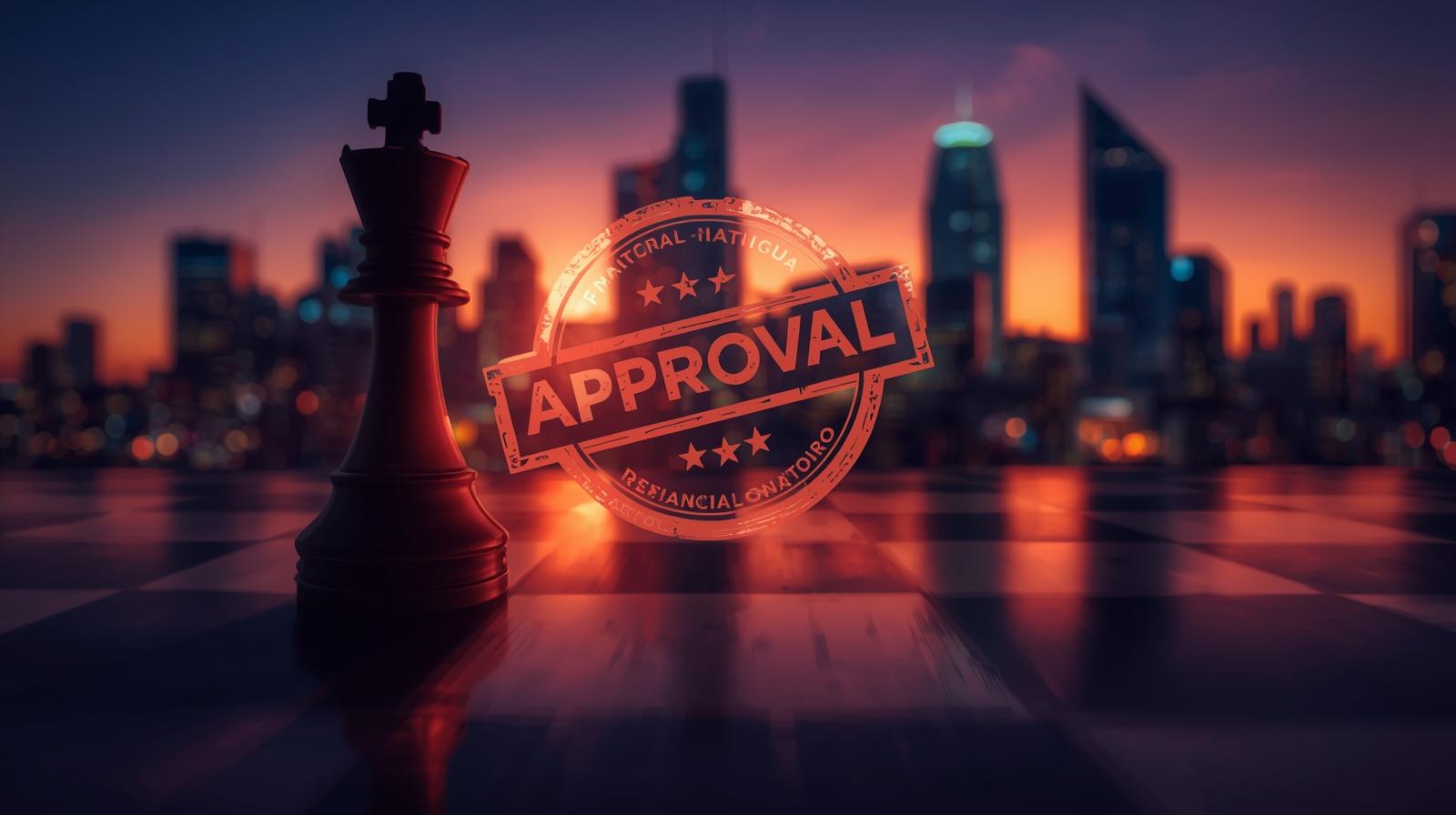 Chess board where a house piece stands ahead of others, glowing approval stamp