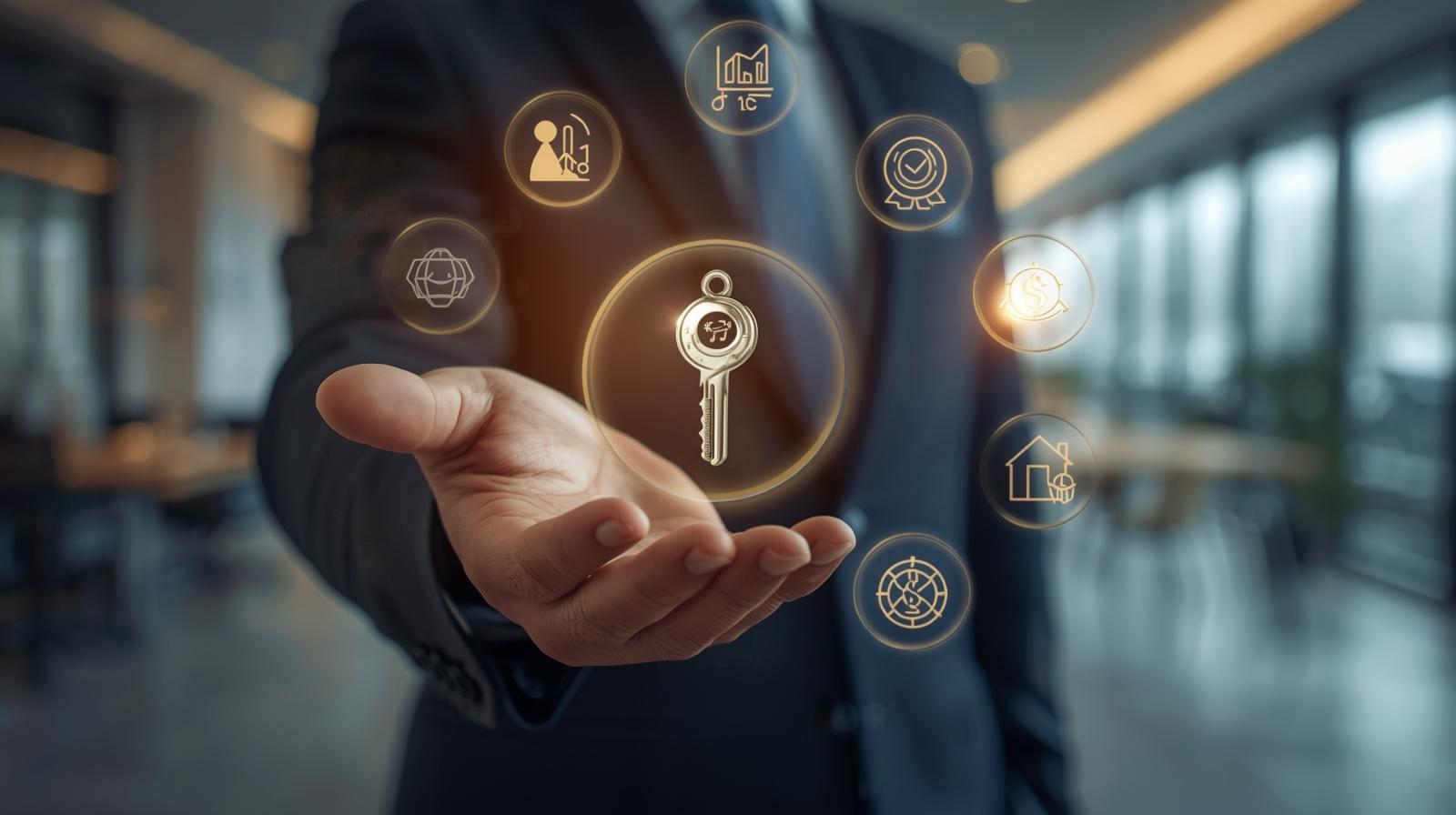Close-up image of a mortgage broker’s hand holding a “key” symbol,
