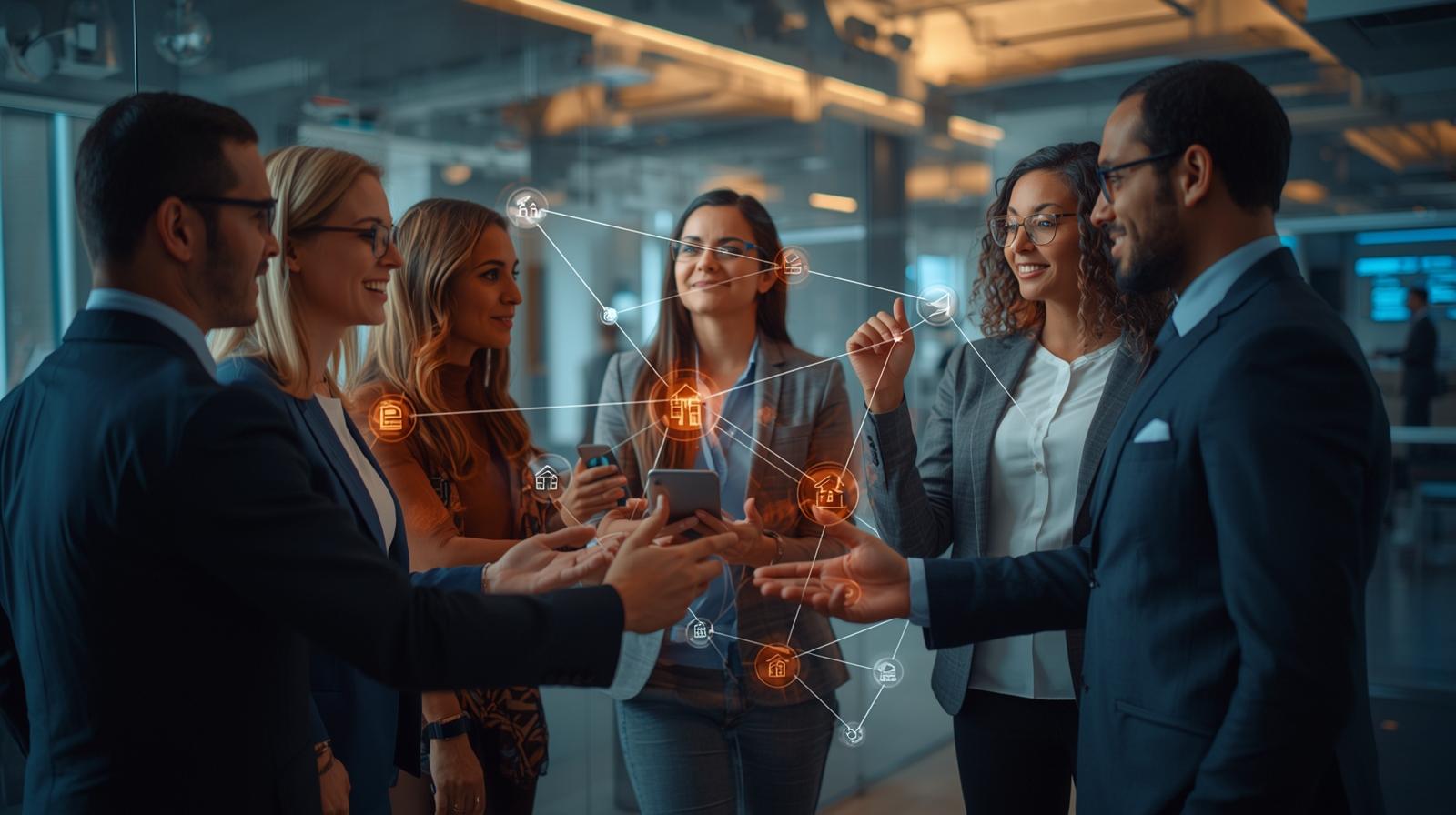 Image of interconnected professionals (brokers) exchanging ideas and sharing data