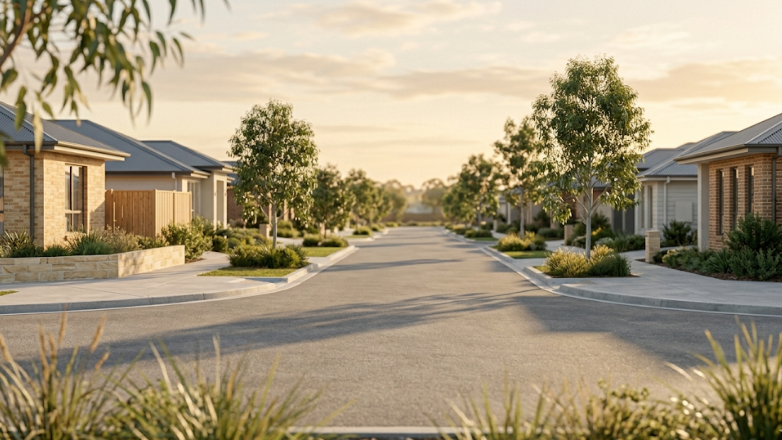 a modern Australian suburban streetscape at golden hour