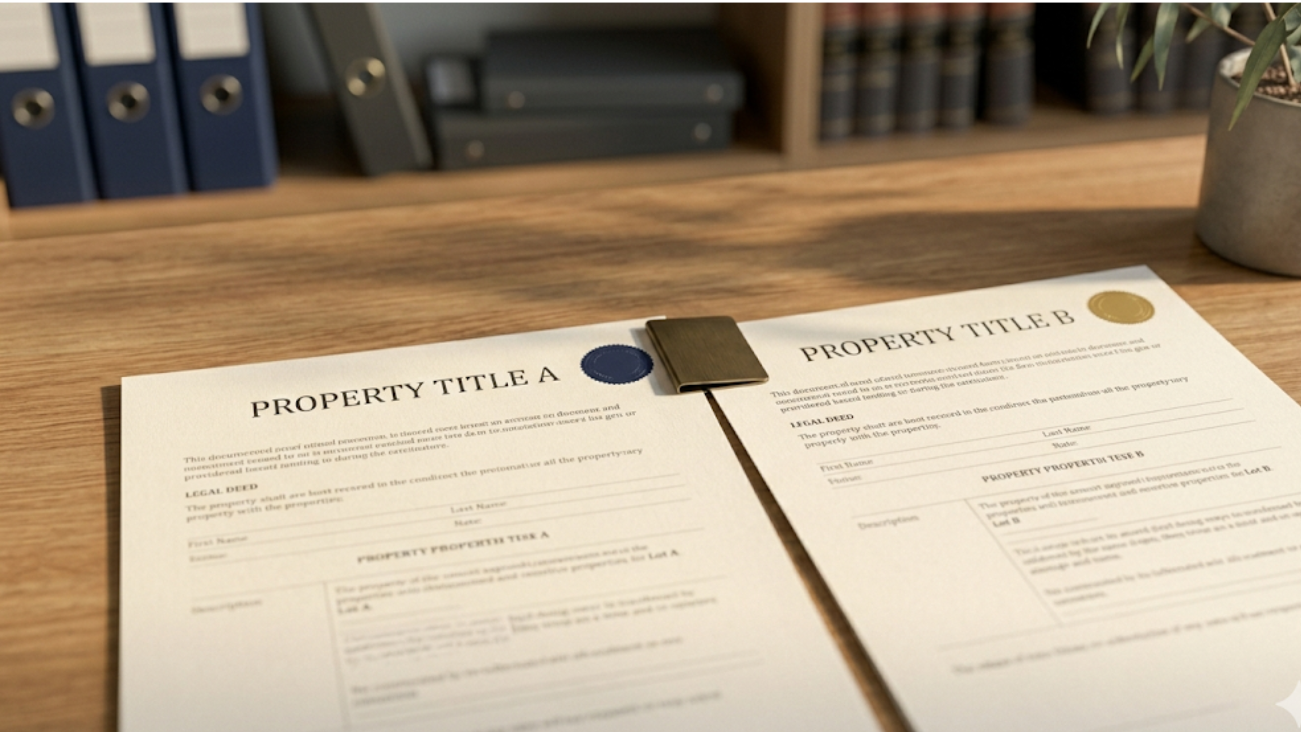 Two property title documents linked together on a professional desk, representing the guarantor home loan structure where one property provides security for another in Australia.