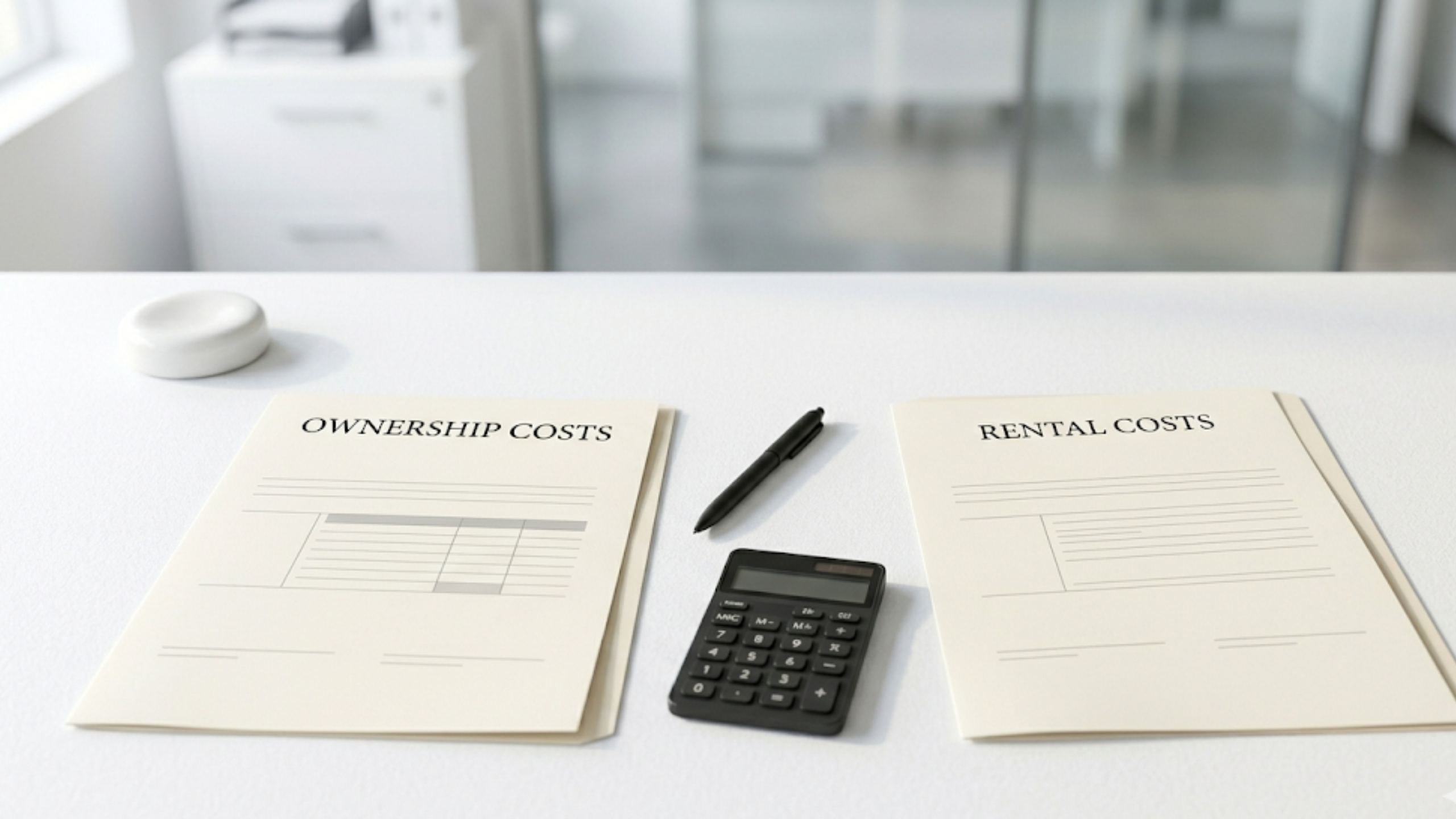 Two neutral documents representing ownership and rental costs on a bright desk with calculator, illustrating the buy versus rent financial comparison for Australian borrowers in 2026