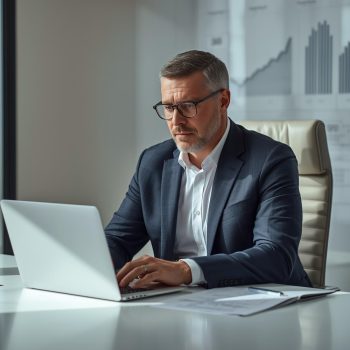 A confident, established mortgage broker reviewing financial performance on a laptop
