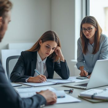 Early-career mortgage broker in a professional but modest workspace, focused and learning.